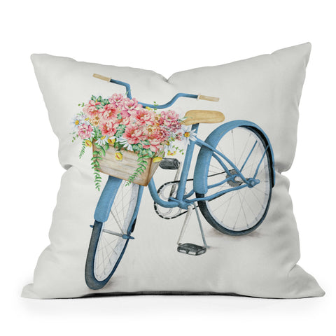 Nadja Blue Bicycle with Flowers Outdoor Throw Pillow