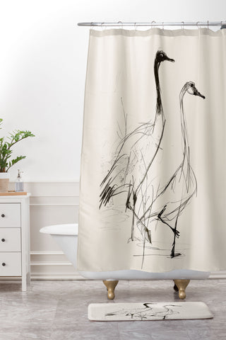 Nadja Two Geese Minimalist Drawing Shower Curtain And Mat