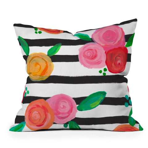 Natalie Baca Black Stripes and Blooms Outdoor Throw Pillow
