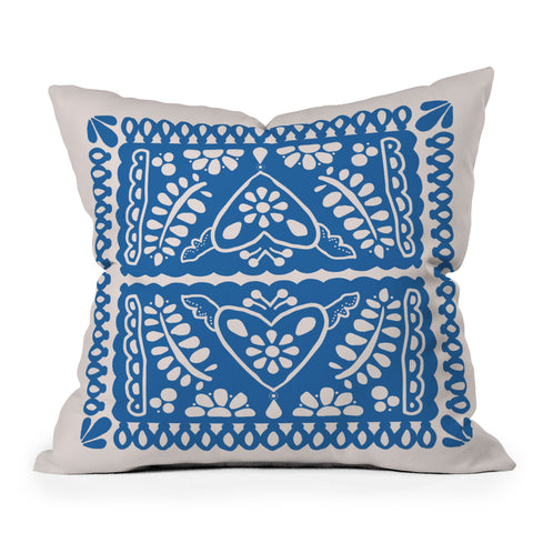 Natalie Baca Fiesta de Corazon in Blue Outdoor Throw Pillow