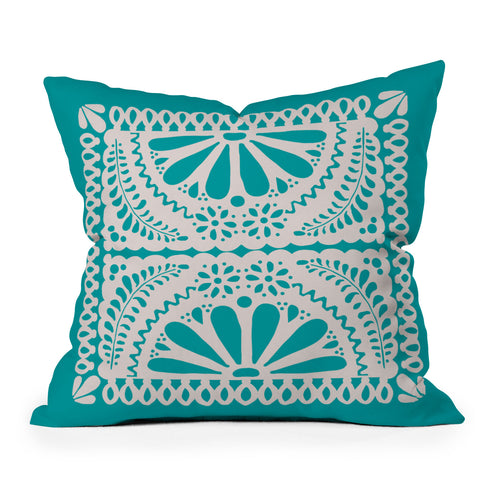Natalie Baca Fiesta De Flores in Turquoise Outdoor Throw Pillow