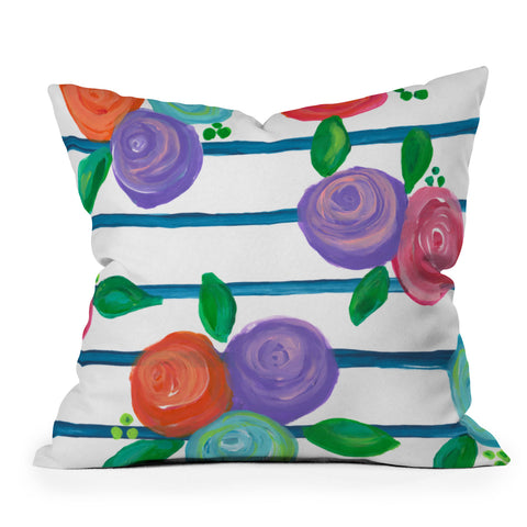 Natalie Baca Indigo Stripes and Blooms Outdoor Throw Pillow