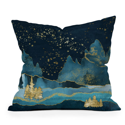 Nature Magick Teal and Gold Mountain Stars Outdoor Throw Pillow