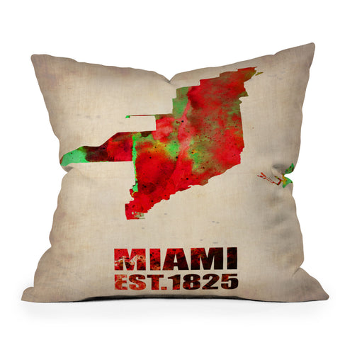Naxart Miami Watercolor Map Outdoor Throw Pillow