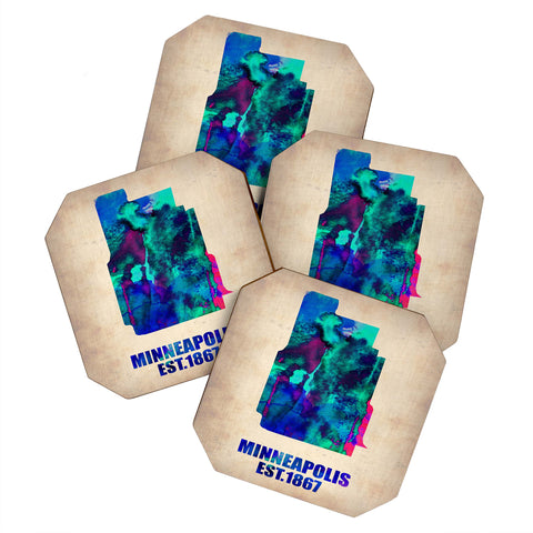 Naxart Minneapolis Watercolor Map Coaster Set