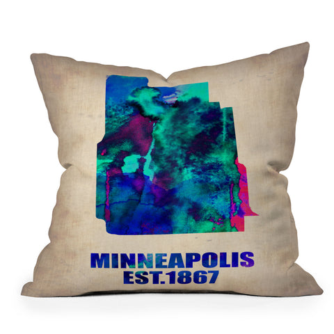 Naxart Minneapolis Watercolor Map Outdoor Throw Pillow