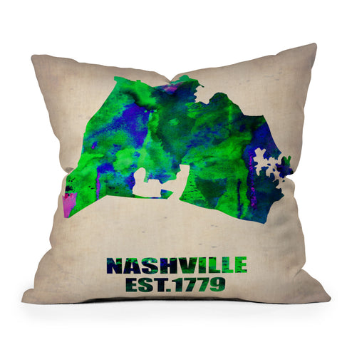Naxart Nashville Watercolor Map Outdoor Throw Pillow
