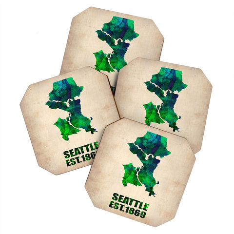 Naxart Seattle Watercolor Map Coaster Set