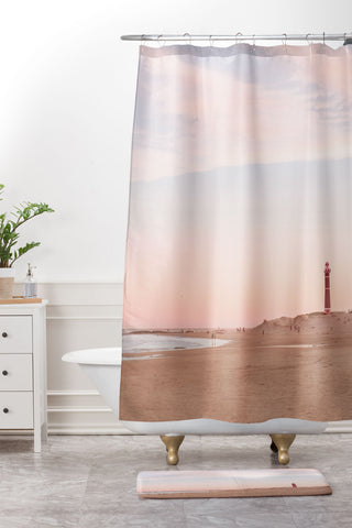 Ninasclicks The beach and the lighthouse Shower Curtain And Mat