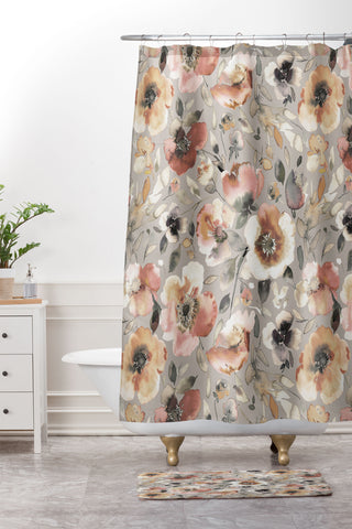 Ninola Design Artistic Poppies Neutral Grey Shower Curtain And Mat