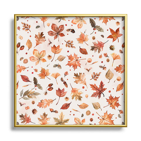 Ninola Design Autumn Leaves Watercolor Ginger Gold Square Metal Framed Art Print