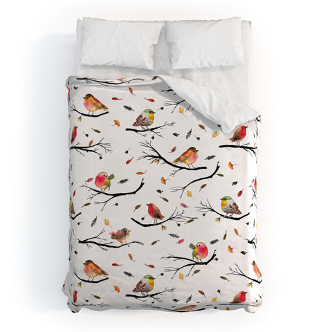 Ninola Design Birds Tree Branches Red Duvet Cover