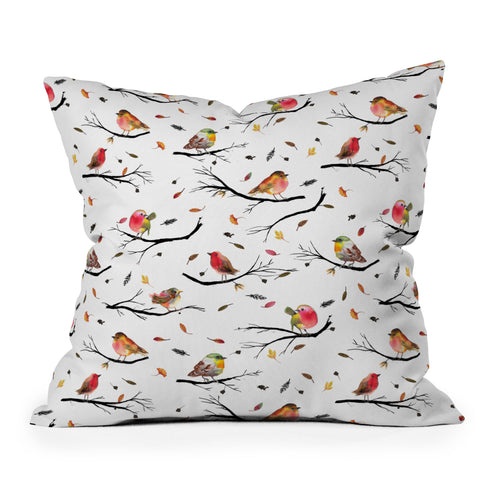 Ninola Design Birds Tree Branches Red Outdoor Throw Pillow