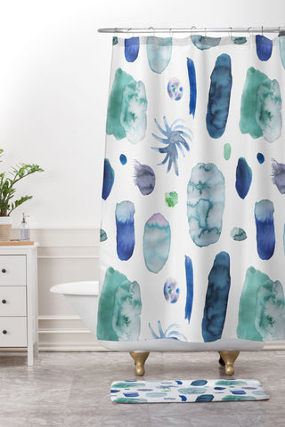 Ninola Design Blue Minimal Strokes Abstract Shower Curtain And Mat
