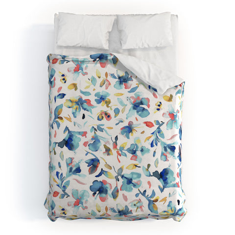 Ninola Design Blue Watercolor Hibiscus Floral Duvet Cover