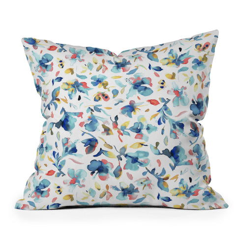 Ninola Design Blue Watercolor Hibiscus Floral Outdoor Throw Pillow
