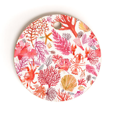 Ninola Design Botanic Retreat Coral Reef Crab Lobster Red Cutting Board Round