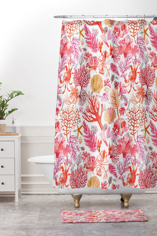 Ninola Design Botanic Retreat Coral Reef Crab Lobster Red Shower Curtain And Mat