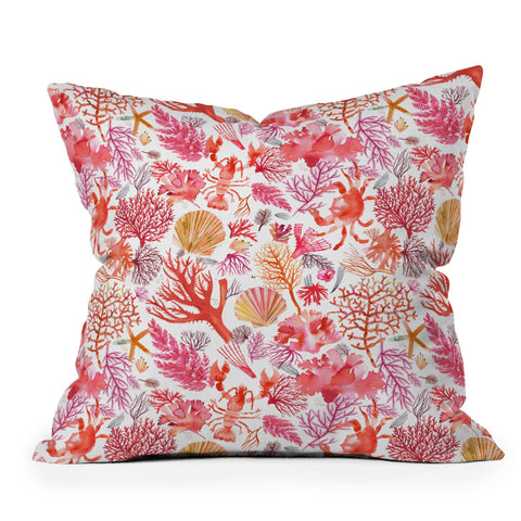 Ninola Design Botanic Retreat Coral Reef Crab Lobster Red Outdoor Throw Pillow