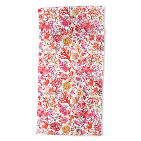 Ninola Design Botanic Retreat Coral Reef Crab Lobster Red Beach Towel