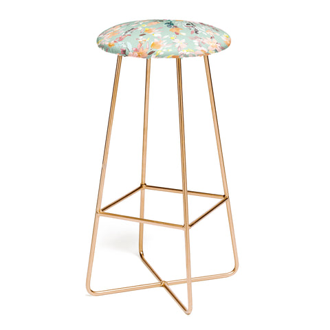 Ninola Design Botanic Retreat Floral Oleander Whimsical Teal Green Bar Stool