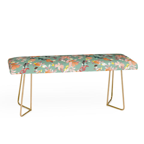 Ninola Design Botanic Retreat Floral Oleander Whimsical Teal Green Bench