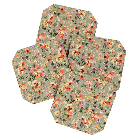 Ninola Design Botanic Retreat Floral Oleander Whimsical Teal Green Coaster Set