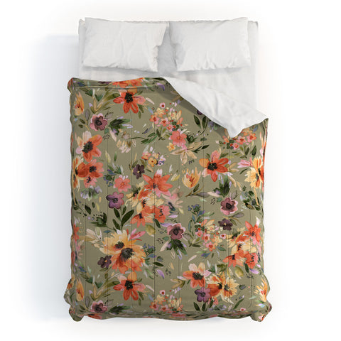 Ninola Design Botanic Retreat Floral Oleander Whimsical Teal Green Comforter