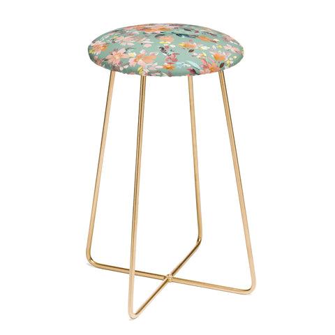 Ninola Design Botanic Retreat Floral Oleander Whimsical Teal Green Counter Stool
