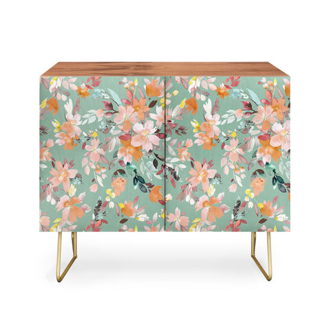 Ninola Design Botanic Retreat Floral Oleander Whimsical Teal Green Credenza