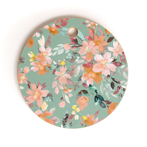 Ninola Design Botanic Retreat Floral Oleander Whimsical Teal Green Cutting Board Round
