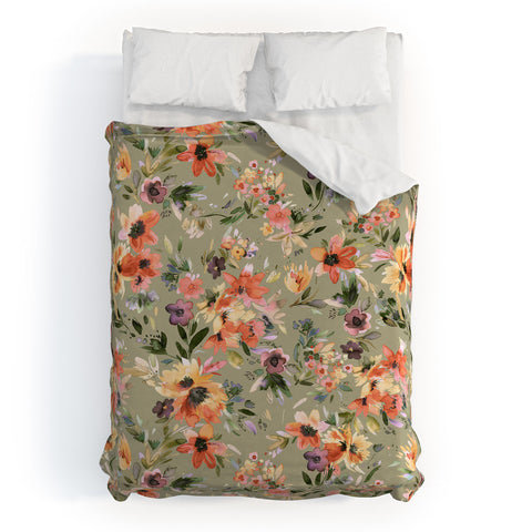 Ninola Design Botanic Retreat Floral Oleander Whimsical Teal Green Duvet Cover