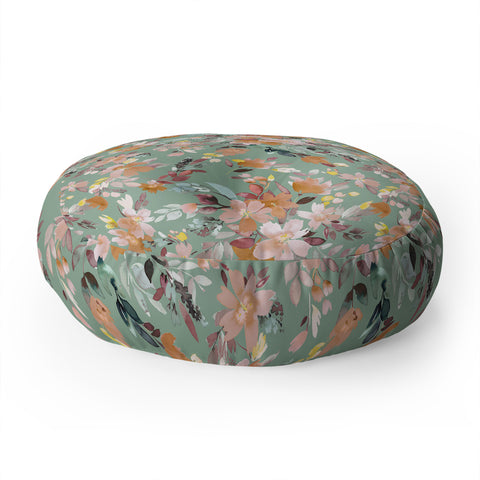 Ninola Design Botanic Retreat Floral Oleander Whimsical Teal Green Floor Pillow Round
