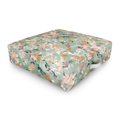 Ninola Design Botanic Retreat Floral Oleander Whimsical Teal Green Outdoor Floor Cushion
