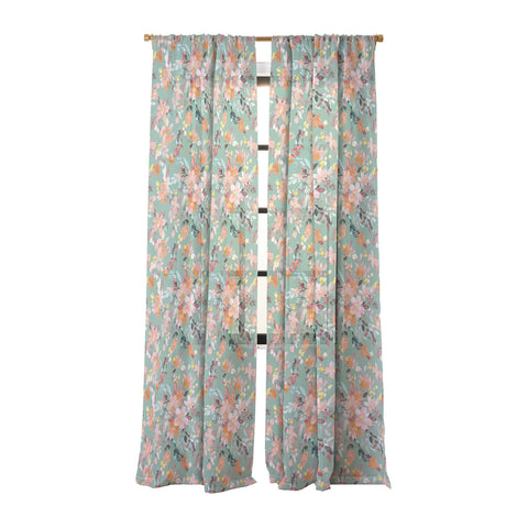 Ninola Design Botanic Retreat Floral Oleander Whimsical Teal Green Sheer Window Curtain