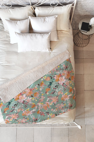 Ninola Design Botanic Retreat Floral Oleander Whimsical Teal Green Fleece Throw Blanket