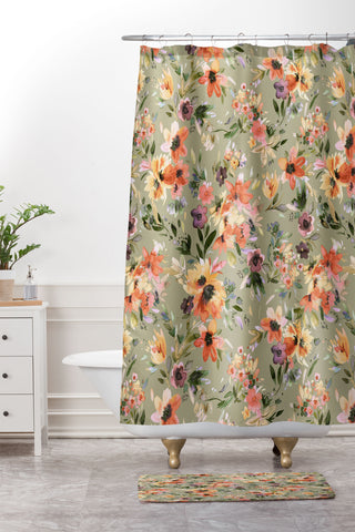 Ninola Design Botanic Retreat Floral Oleander Whimsical Teal Green Shower Curtain And Mat