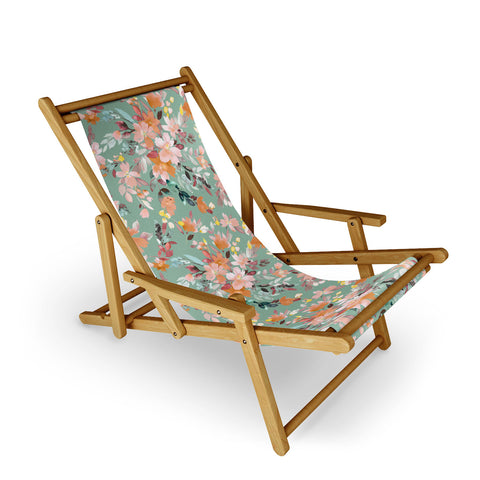 Ninola Design Botanic Retreat Floral Oleander Whimsical Teal Green Sling Chair