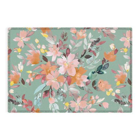 Ninola Design Botanic Retreat Floral Oleander Whimsical Teal Green Outdoor Rug