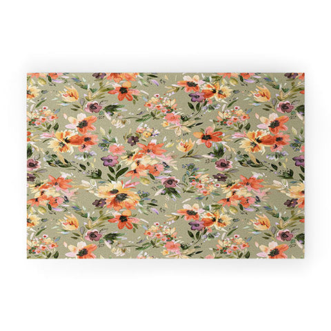 Ninola Design Botanic Retreat Floral Oleander Whimsical Teal Green Welcome Mat