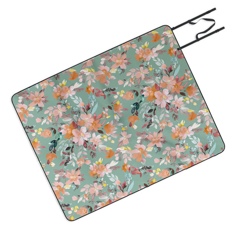 Ninola Design Botanic Retreat Floral Oleander Whimsical Teal Green Picnic Blanket