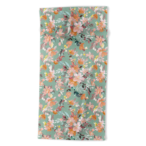 Ninola Design Botanic Retreat Floral Oleander Whimsical Teal Green Beach Towel