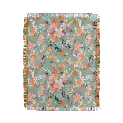 Ninola Design Botanic Retreat Floral Oleander Whimsical Teal Green Throw Blanket