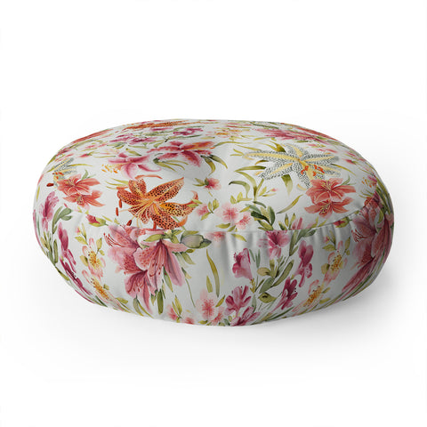 Ninola Design Botanic Retreat Lily Lush Floral Orange Green Floor Pillow Round