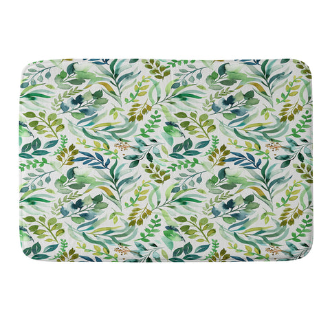 Ninola Design Botanic Retreat Loose Botanical Leaves Watercolor Green Memory Foam Bath Mat