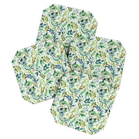 Ninola Design Botanic Retreat Loose Botanical Leaves Watercolor Green Coaster Set