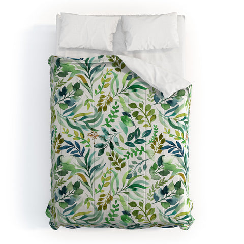 Ninola Design Botanic Retreat Loose Botanical Leaves Watercolor Green Comforter