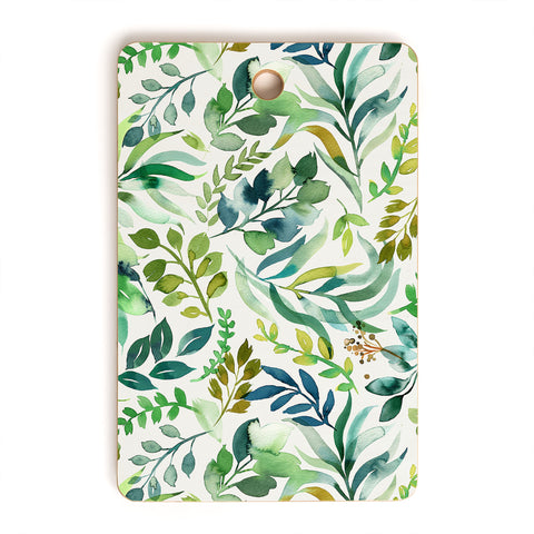 Ninola Design Botanic Retreat Loose Botanical Leaves Watercolor Green Cutting Board Rectangle