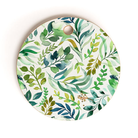 Ninola Design Botanic Retreat Loose Botanical Leaves Watercolor Green Cutting Board Round