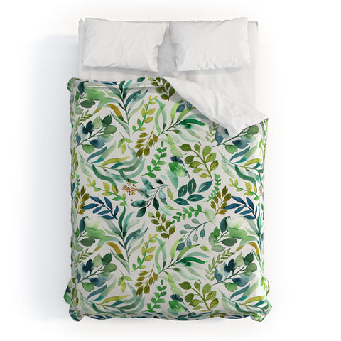 Ninola Design Botanic Retreat Loose Botanical Leaves Watercolor Green Duvet Cover